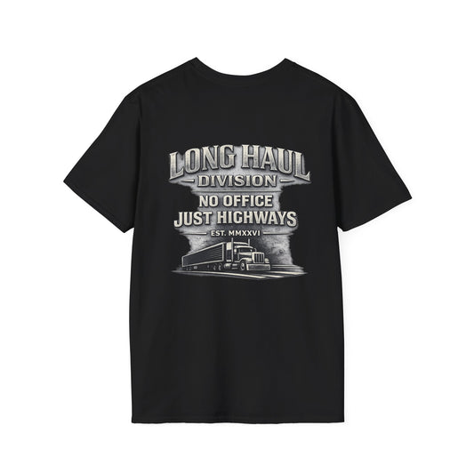 Long Haul Trucker T-Shirt — "Built for Long Hauls" Skull & Highway Graphic