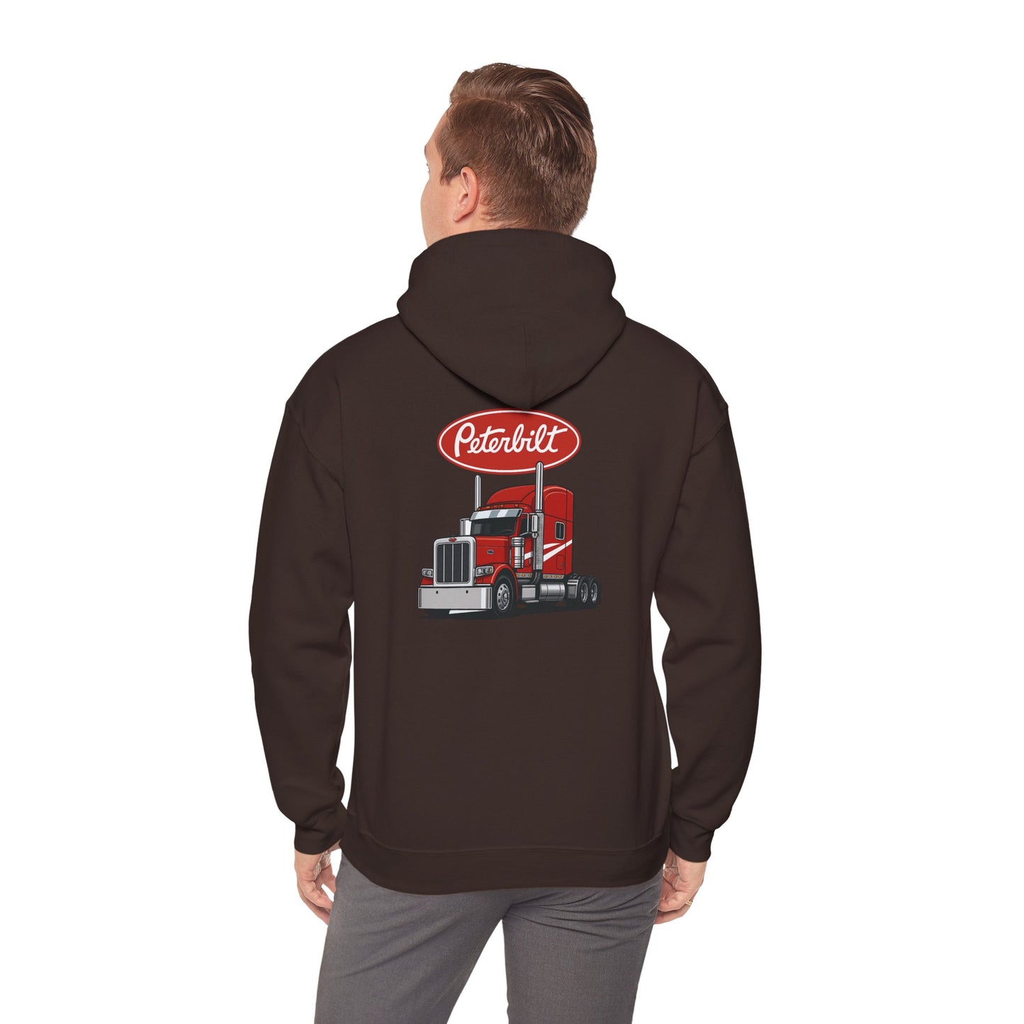 Peterbilt Logo Truck Hoodie — Red Semi-Truck Graphic Hooded Sweatshirt