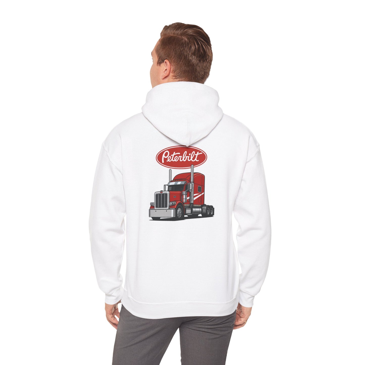 Peterbilt Logo Truck Hoodie — Red Semi-Truck Graphic Hooded Sweatshirt