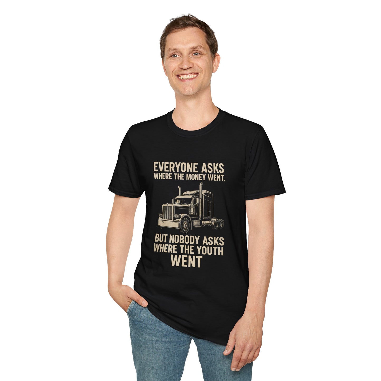 Truck Driver Shirt — "Everyone Asks Where The Money Went, But Nobody Asks Where The Youth Went" Vintage Semi Truck Tee