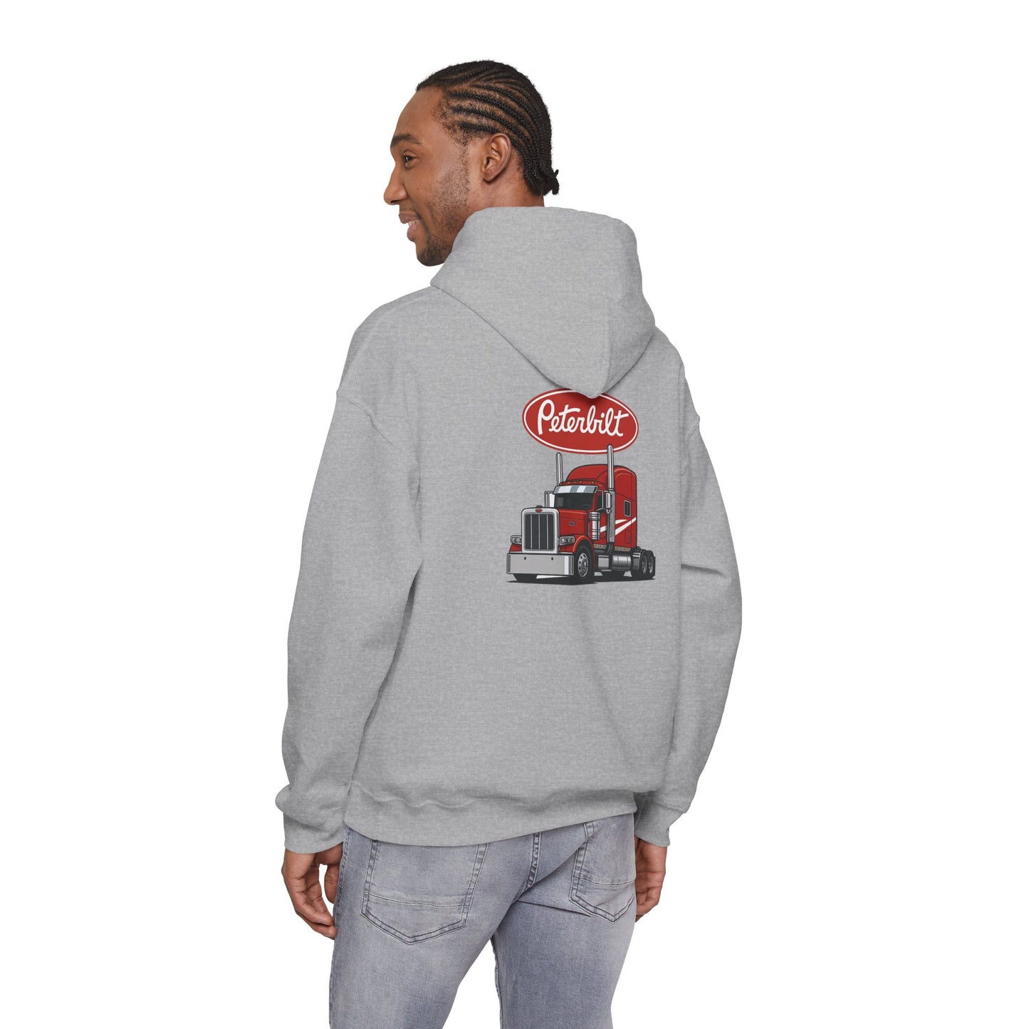 Peterbilt Logo Truck Hoodie — Red Semi-Truck Graphic Hooded Sweatshirt
