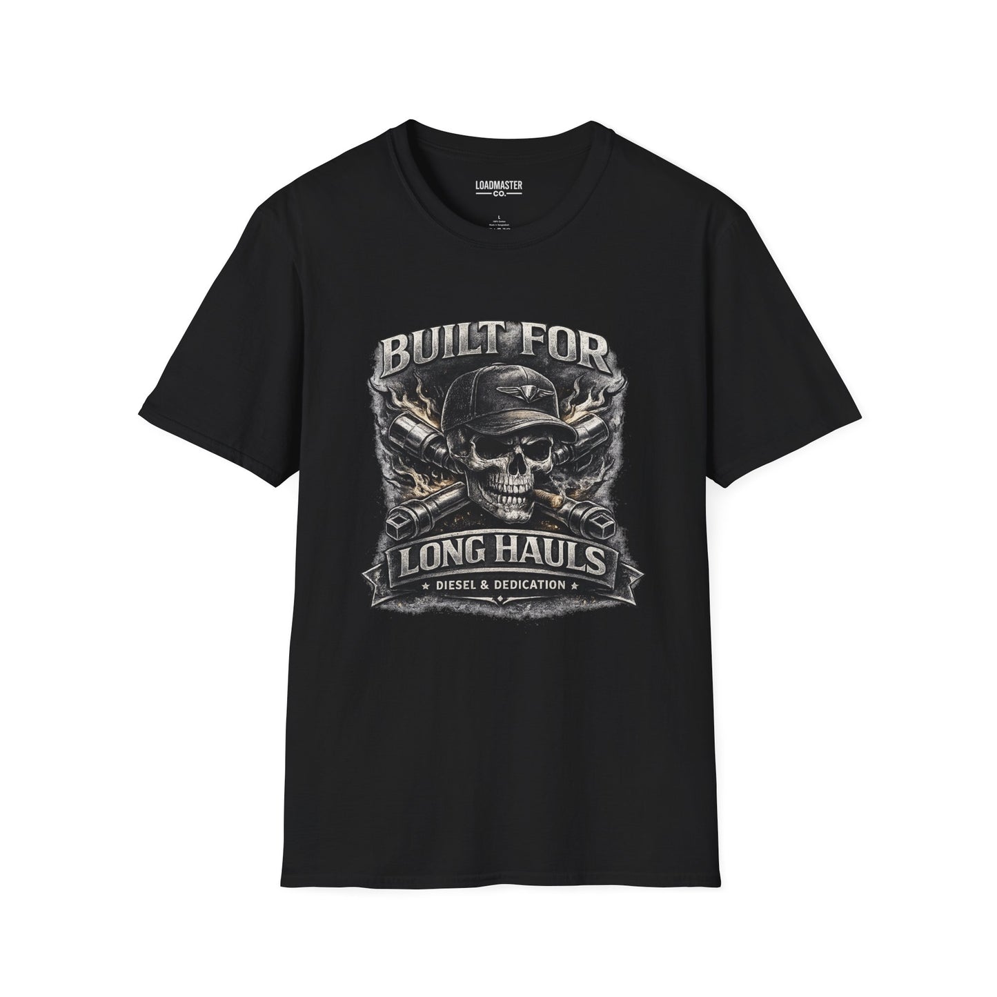 Long Haul Trucker T-Shirt — "Built for Long Hauls" Skull & Highway Graphic