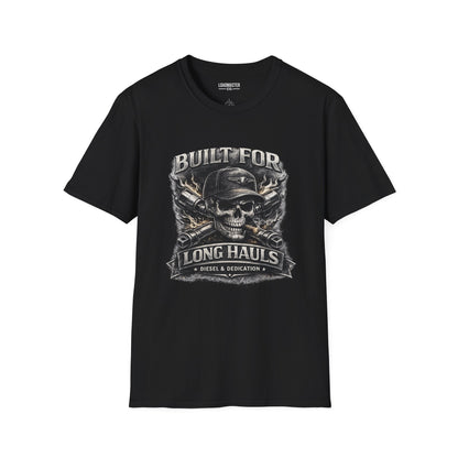 Long Haul Trucker T-Shirt — "Built for Long Hauls" Skull & Highway Graphic