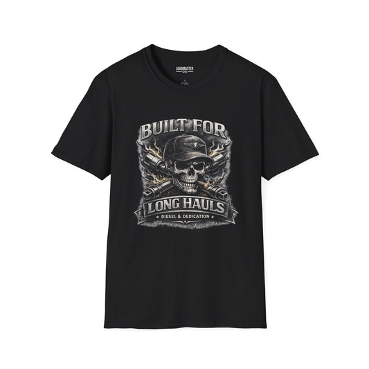 Long Haul Trucker T-Shirt — "Built for Long Hauls" Skull & Highway Graphic