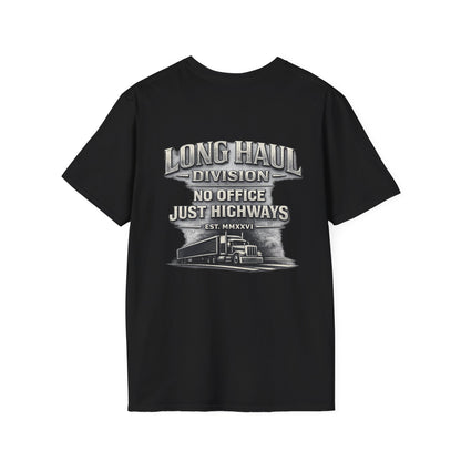 Long Haul Trucker T-Shirt — "Built for Long Hauls" Skull & Highway Graphic
