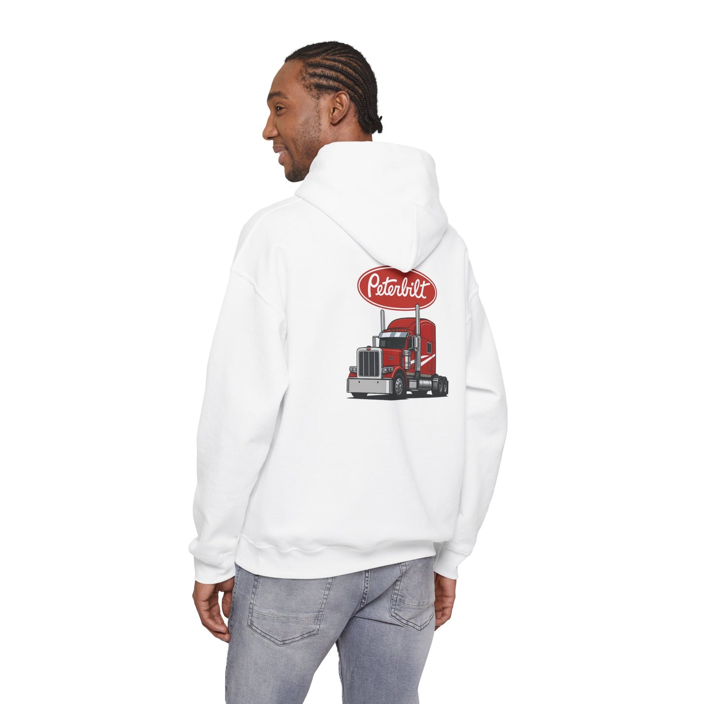 Peterbilt Logo Truck Hoodie — Red Semi-Truck Graphic Hooded Sweatshirt