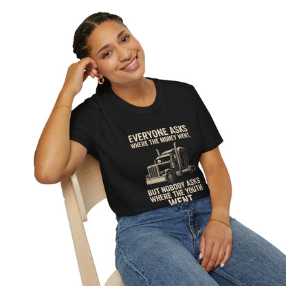 Truck Driver Shirt — "Everyone Asks Where The Money Went, But Nobody Asks Where The Youth Went" Vintage Semi Truck Tee