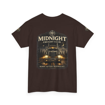 Midnight Freight Club Trucker Tee — "Born After Midnight" Vintage Compass Design