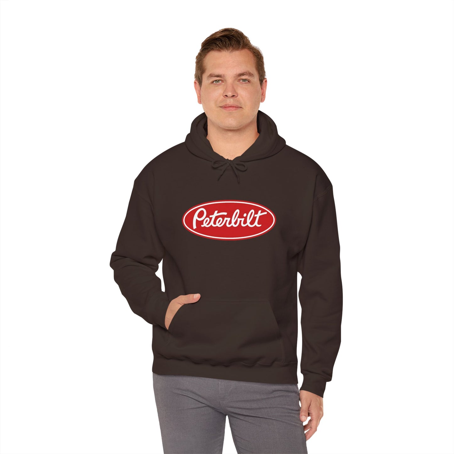 Peterbilt Logo Truck Hoodie — Red Semi-Truck Graphic Hooded Sweatshirt