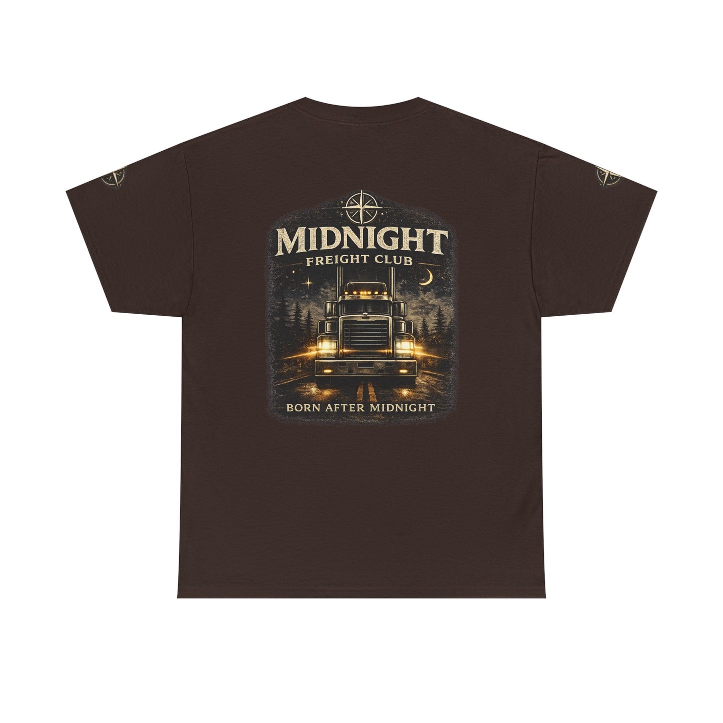 Midnight Freight Club Trucker Tee — "Born After Midnight" Vintage Compass Design
