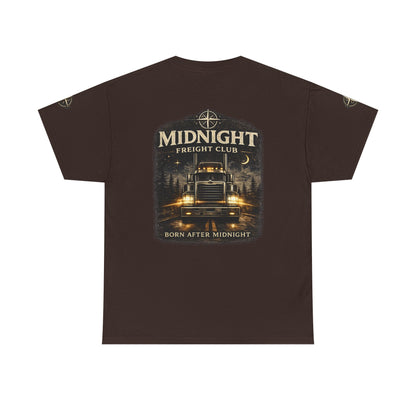 Midnight Freight Club Trucker Tee — "Born After Midnight" Vintage Compass Design