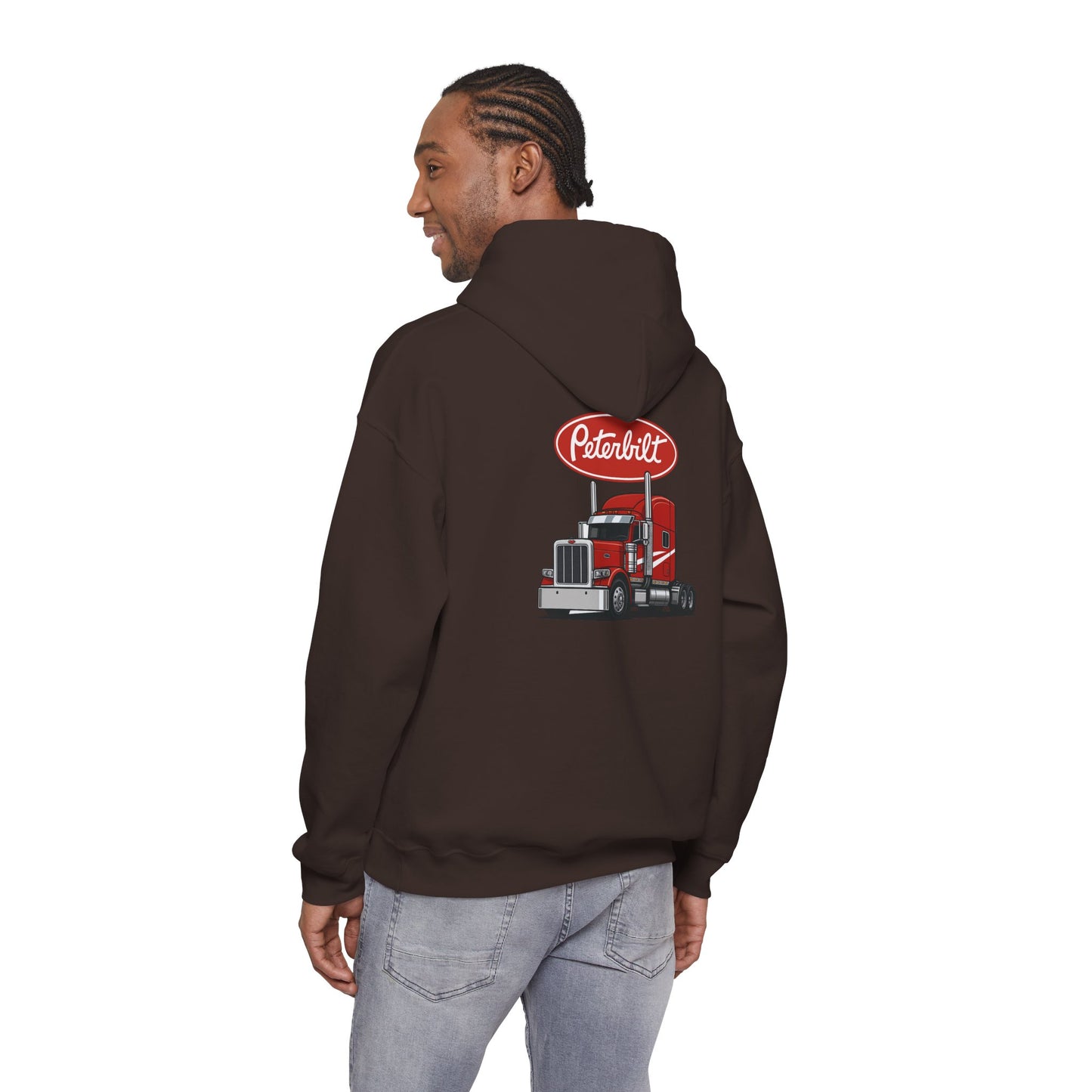 Peterbilt Logo Truck Hoodie — Red Semi-Truck Graphic Hooded Sweatshirt