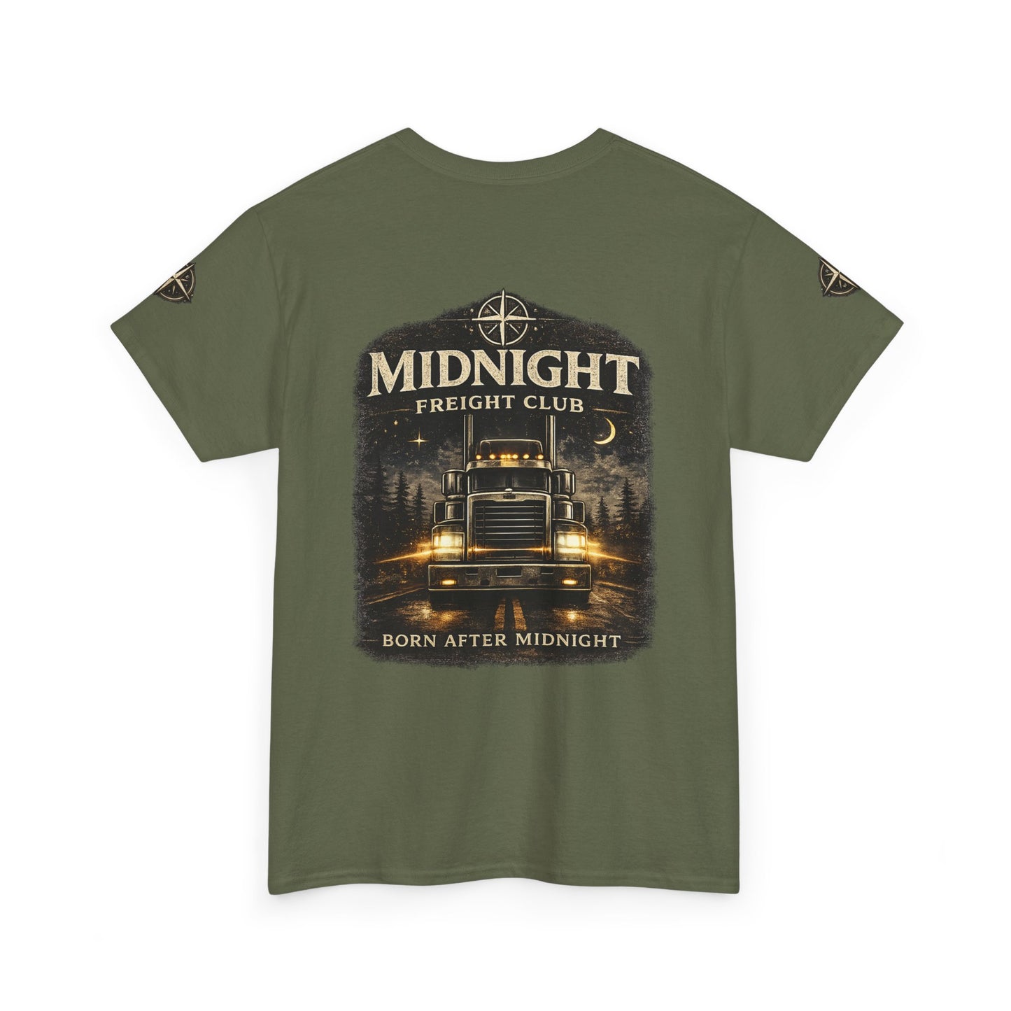 Midnight Freight Club Trucker Tee — "Born After Midnight" Vintage Compass Design