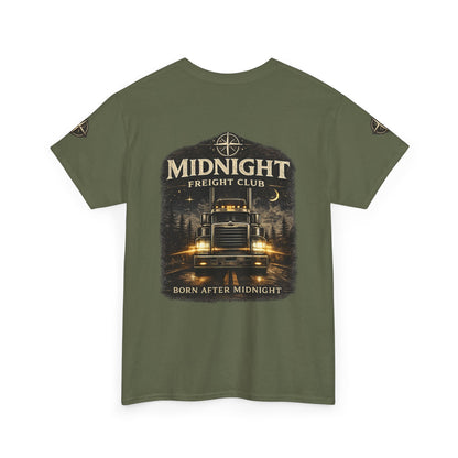 Midnight Freight Club Trucker Tee — "Born After Midnight" Vintage Compass Design