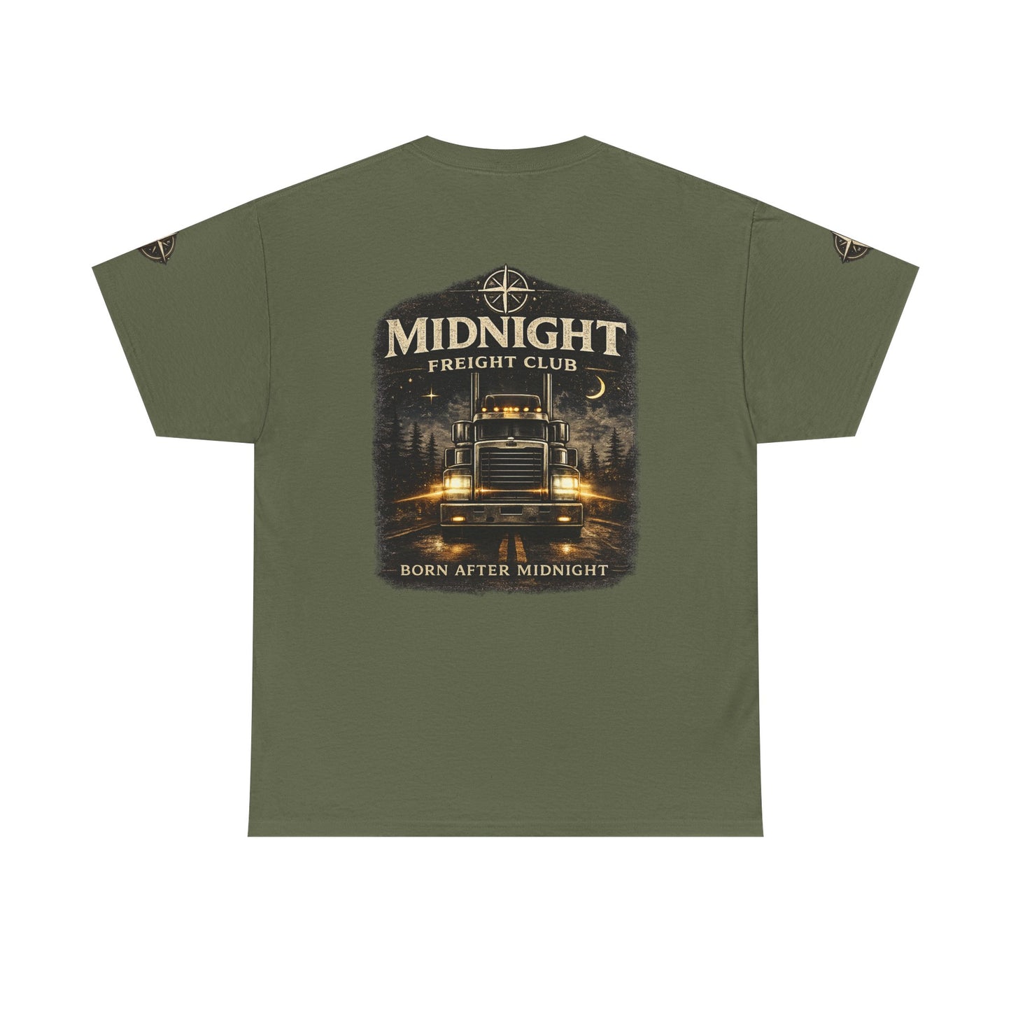 Midnight Freight Club Trucker Tee — "Born After Midnight" Vintage Compass Design