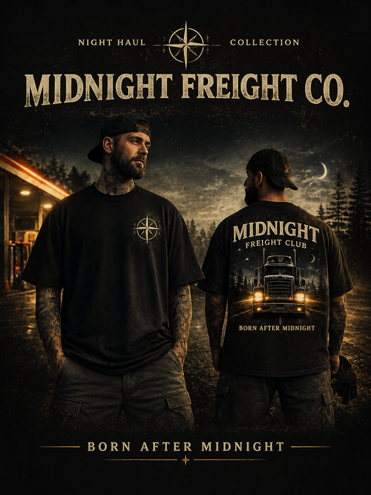 Midnight Freight Club Trucker Tee — "Born After Midnight" Vintage Compass Design